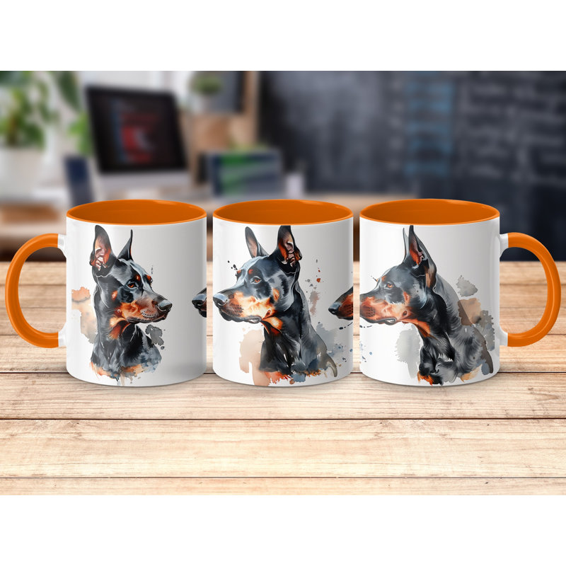 11oz Watercolour Doberman Design Coffee Mug, Orange, 4