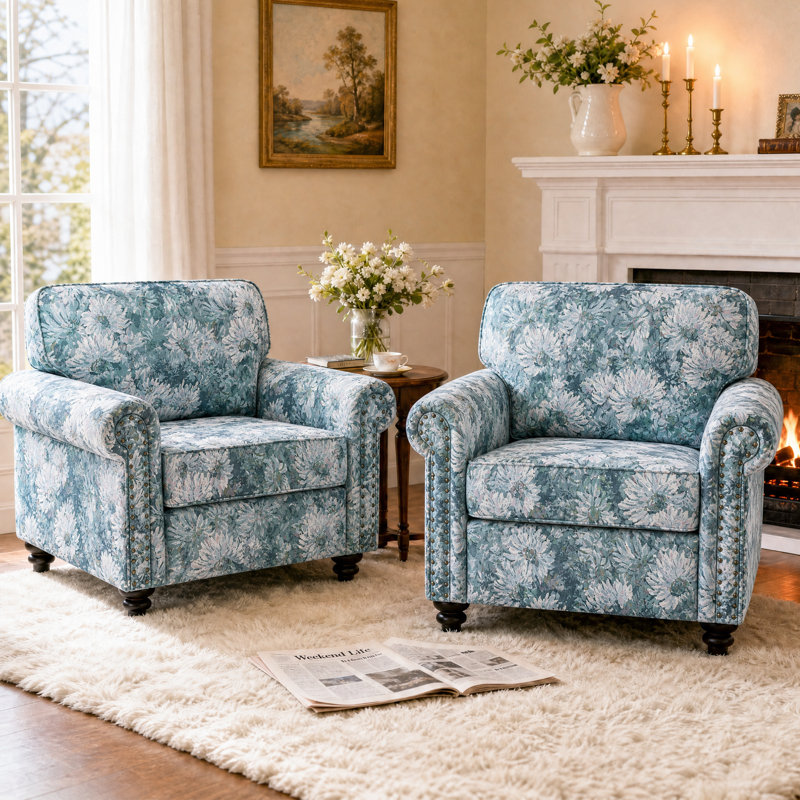 Fauteuil rembourré en mélange de coton, Fleurs cyan