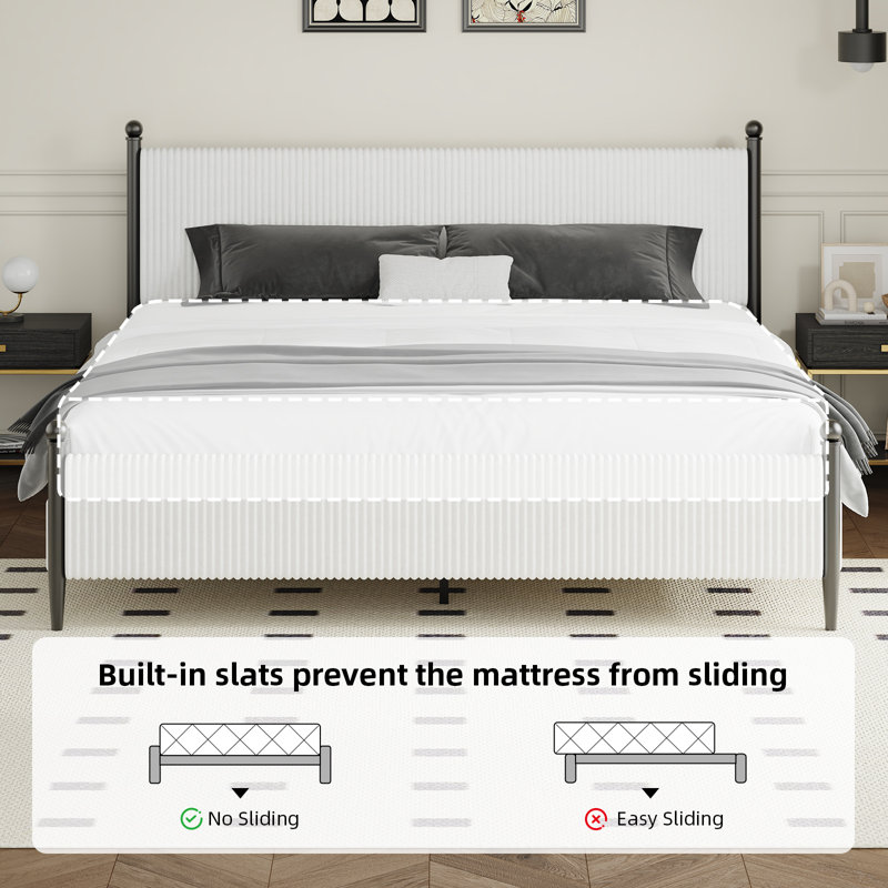 corduroy Velvet Upholstered Metal Platform Bed,with Headboard, King