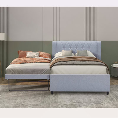 Lit plateforme double avec lit gigogne, lit gigogne pouvant être plat ou dressé, cadre de lit moderne avec tête de lit en lin pour enfants, adultes, sans sommier tapissier