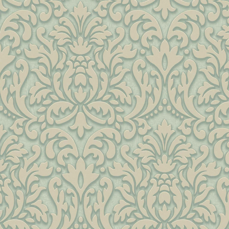 Damask Wallpaper Double Roll, Aqua/White