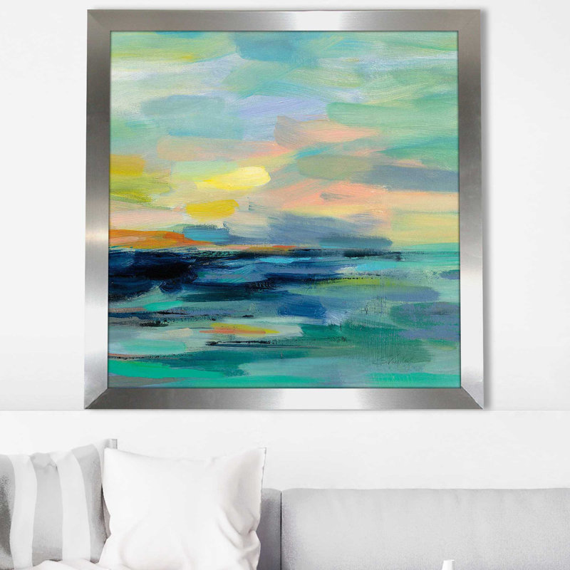 Pacific Beach II - peinture, Encadrement argenté, H 31,5 po x l 31,5 po x P 1 po