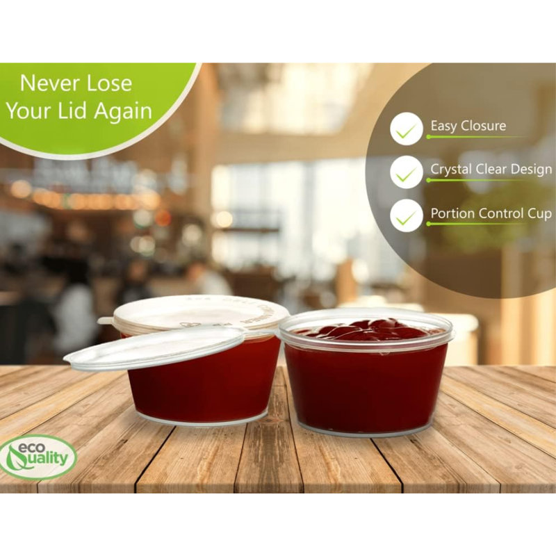  Contenant à fuites 5,5 oz avec couvercles - Contenants à soufflage en plastique avec couvercle à charnières - Parfait pour les tasses à sauce, les tasses d'échantillon, les tasses à boue, les tasses à jello avec couvercles, les aliments (800)