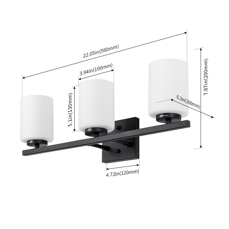 Éclairage pour meuble-lavabo à intensité variable Ellysen, Noir mat, 3, Verre opale