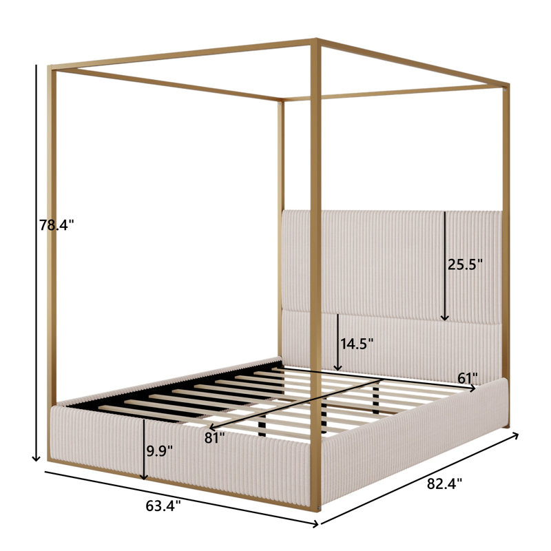 Upholstered Metal Canopy Bed, Queen, Beige/Gold