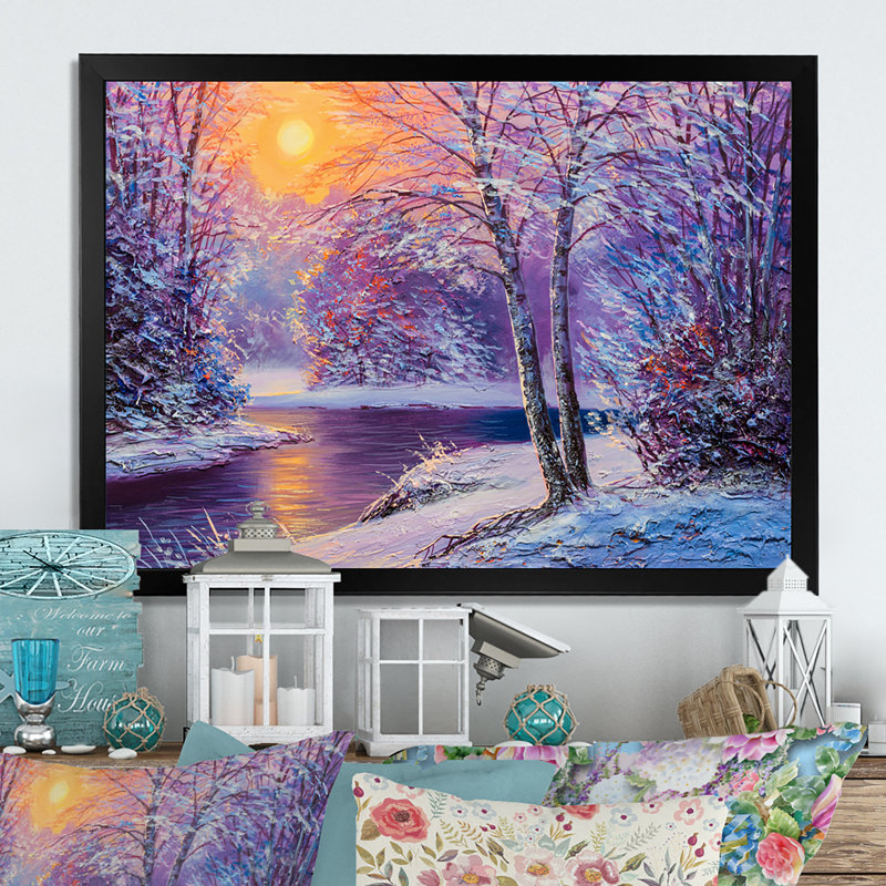 Coucher de soleil sur une rivière d'hiver - reproduction encadrée sur toile, H 8 po x l 12 po x P 1 po, Cadre noir
