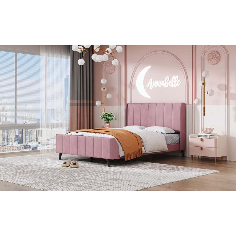 Upholstered Platform Bed,Velvet, Full, Pink
