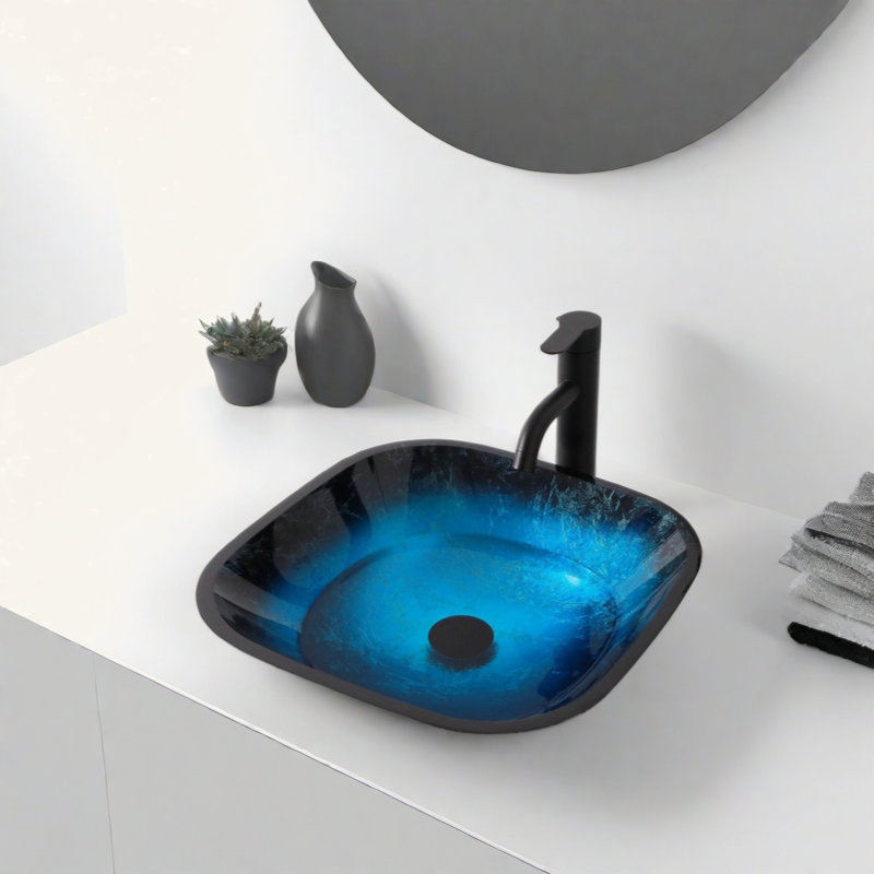 Lavabo de salle de bain vasque en verre trempé avec robinet et bonde escamotable