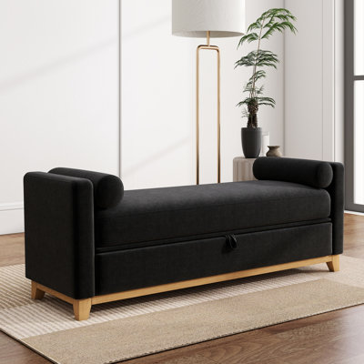 Banc de rangement noir de 66 pouces avec pieds en bois massif, 2 traversins et tissu à circulation d'air, matériau respirant pour chambre à coucher,