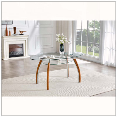 Table basse moderne ovale en verre avec tablette de rangement à 2 niveaux, plateau en verre trempé double couche