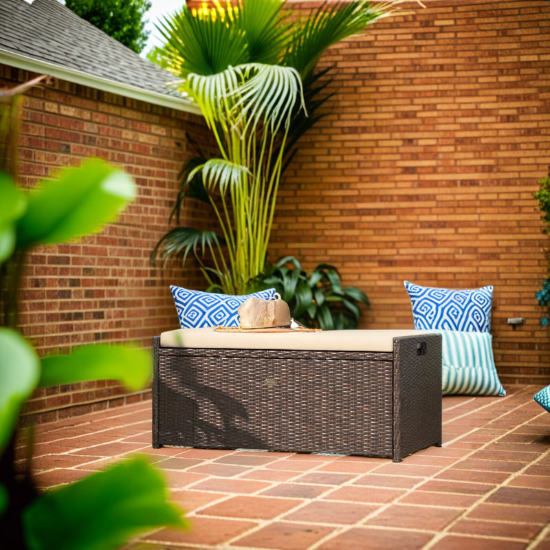 Brown Wicker 60 Gallon Outdoor Deck Box with Cushion