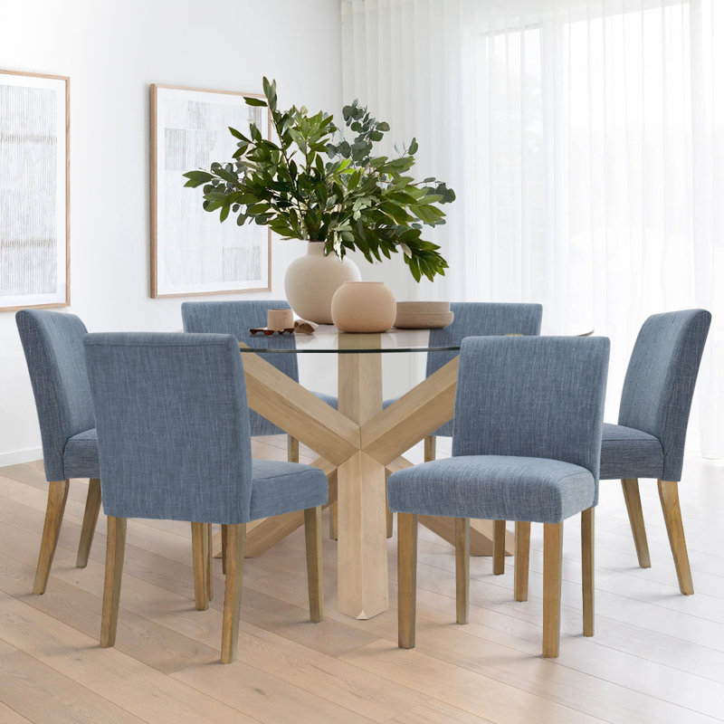 Dawniel Set of 6 Linen Upholstered 18.5'' Seat Height Solid Wood Dining Chair, Blue