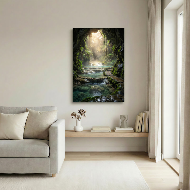 Mossy Rock Cave avec eau turquoise et vignes suspendues, art mural, 24"H x 16"W
