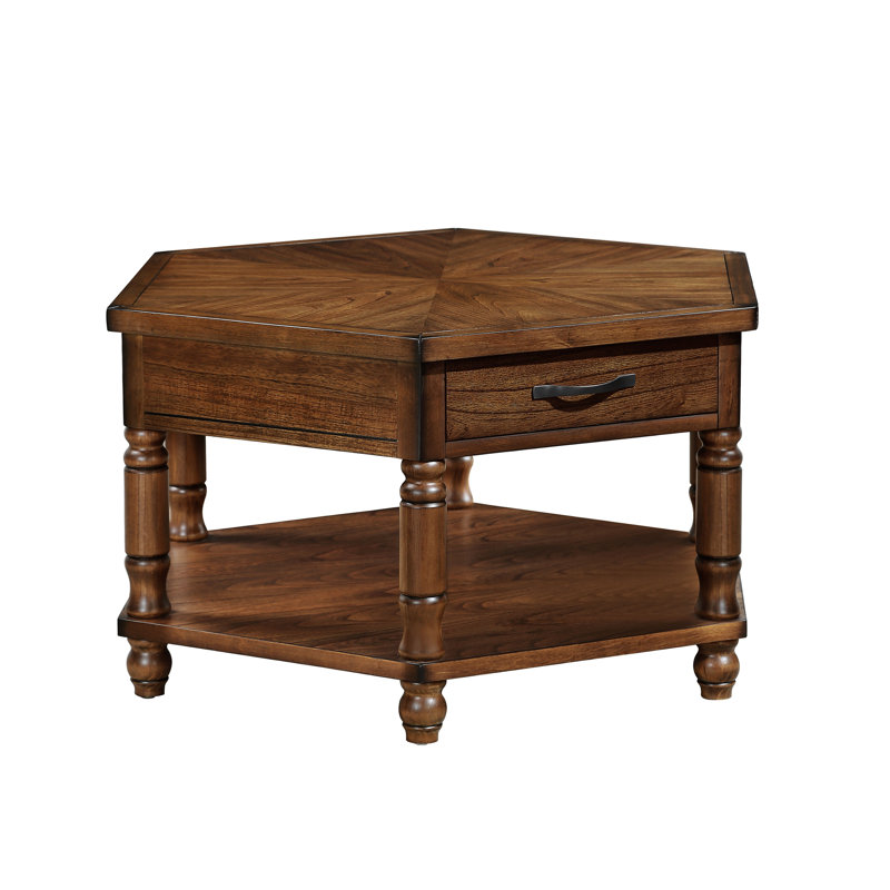 Table basse hexagonale rétro 36 "avec tablette et tiroir, 2 niveaux, Cerisier