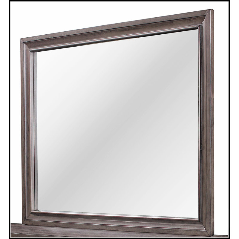 Miroir mural gris Ryder avec verre biseauté et bordure en bois, parfait pour rehausser la lumière et l'espace dans n'importe quelle pièce.
