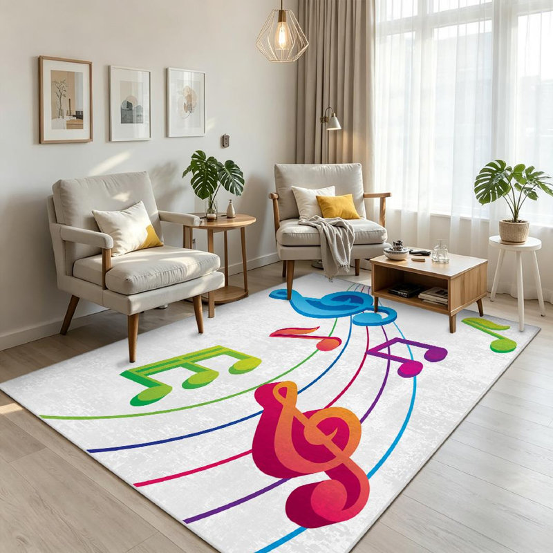 Clear Musical Music Song Abstract Banner Blue Bright Colorful Decor Machine Washable Indoor Area Rug, Rectangle 71" x 98"