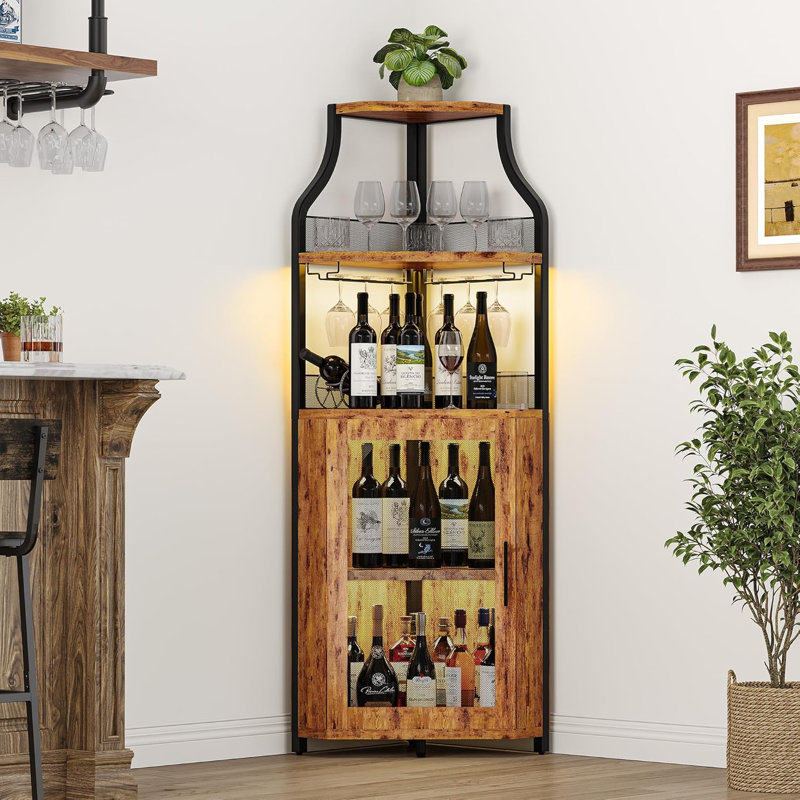 Armoire à vin de coin avec support à vin et porte-verres, armoire à vin à 5 niveaux, 60.6 18.5 17.9, Brun