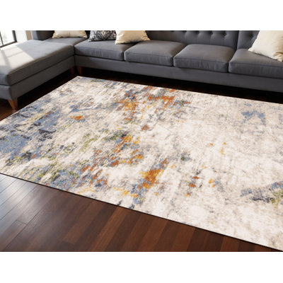 Tapis abstrait taupe 8 pi x 11 pi bleu et cuivre