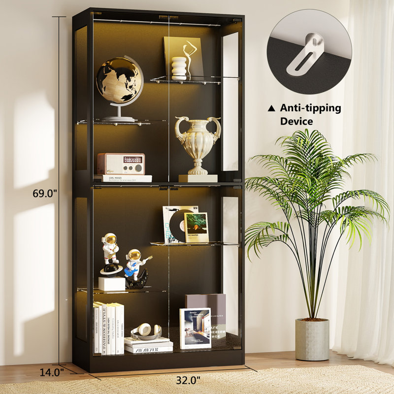 Vitrine Bexli avec lumières DEL RVB et portes en verre trempé, armoire vitrée haute à 5 niveaux, Noir