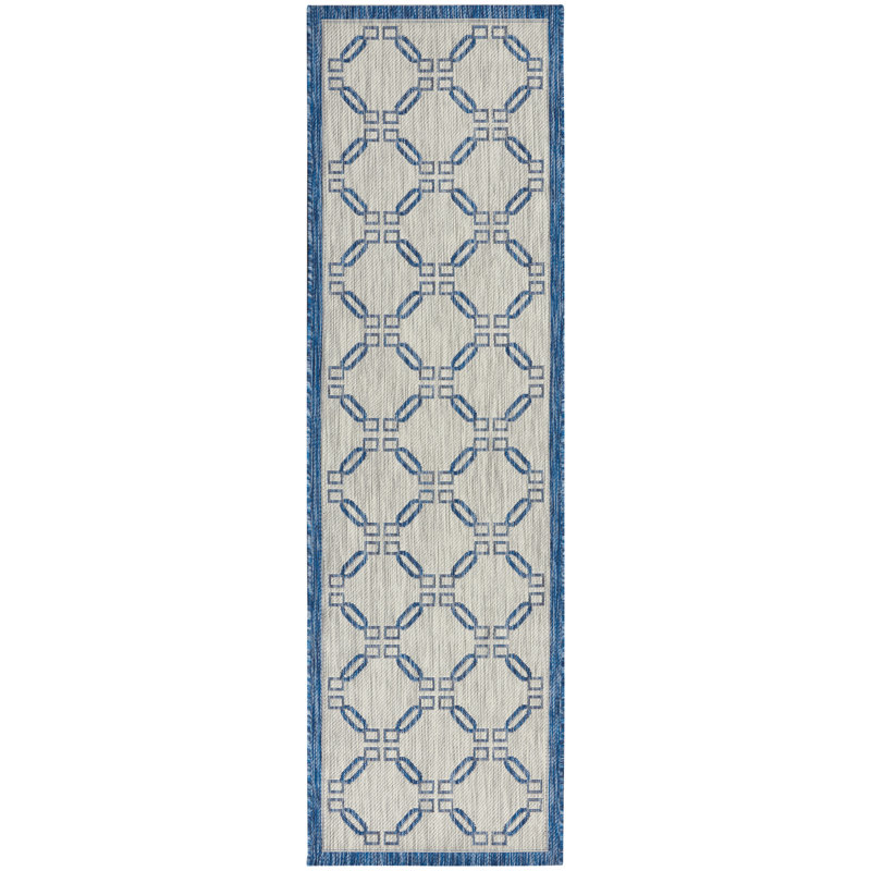 Tapis intérieur / extérieur géométrique ivoire / bleu Quinata, Rectangle 2 pi 2 po x 7 pi 6 po