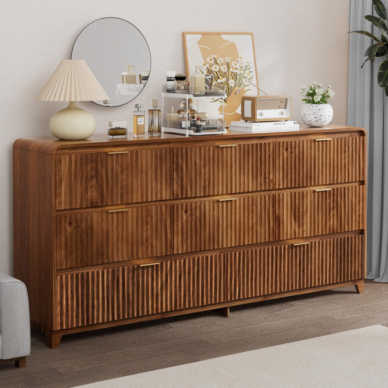 Fluted 8 Drawer Dresser for Bedroom, 55.1" Wide Modern Wood Chest of Drawers with Metal Handle for Living Room, Walnut