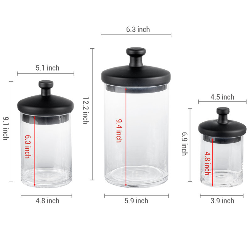 Pot en verre 3 pièces avec couvercle noir