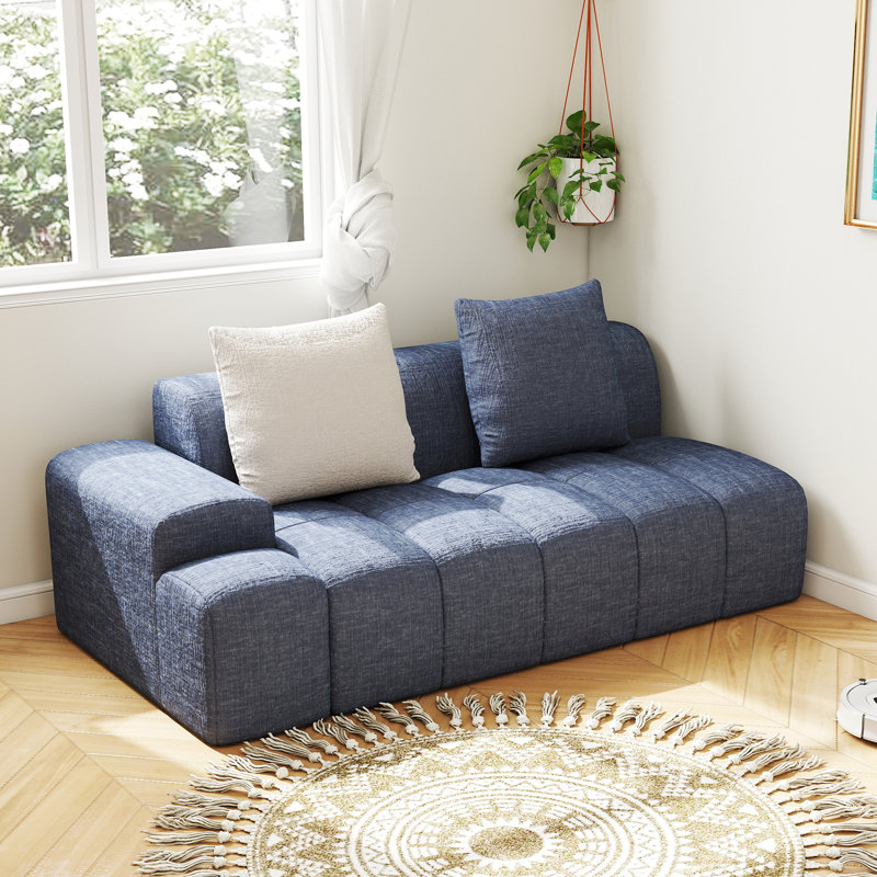 70" Compression Chenille Frameless Modular Loveseat, Memory Foam Cloud Sofa Component with 2 Throw Pillows, Blue