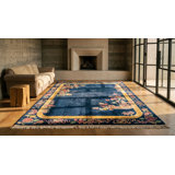 Room Size Knotted Wool 1920s Blue Antique Chinese - Art Deco Rug