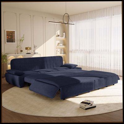 94.5" King Size Pull Out Sofa Bed,3-In-1 Convertible Sleeper Sofa,Multi-Functional Corduroy   Bed,Blue