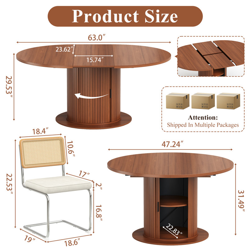 47-63" Extendable Dining Set, Rattan Velvet Cantilever Chairs, Round To Oval Table With Storage Pedestal & Sliding Doors, 2 Leaves