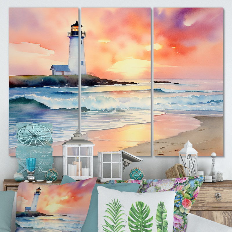 Orange coucher de soleil sur la côte, phare de la plage, sérénité I - art mural plage, H 28 po x l 36 po, Toile tendue