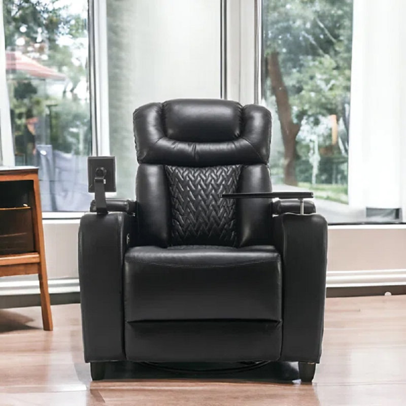 Gregorian Faux Leather Power Reclining Home Theater Seat with Cup Holder, Black Faux Leather
