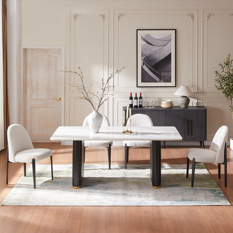 Ensemble de salle à manger à double piédestal pour 4 personnes, Blanc, 5 pièces: table, 4 chaises