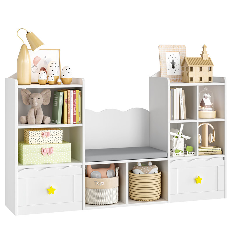 55.1"W Cube Bookcase, Bookshelf with Removable Drawers, White
