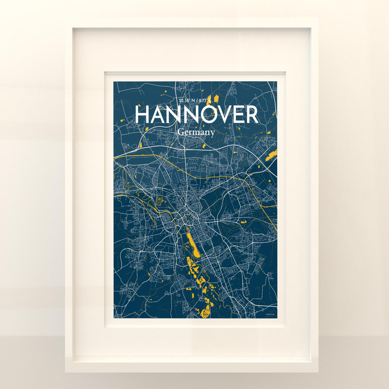 «Hannover City Map», impression, H 24 po x l 18 po, Bleu / Jaune