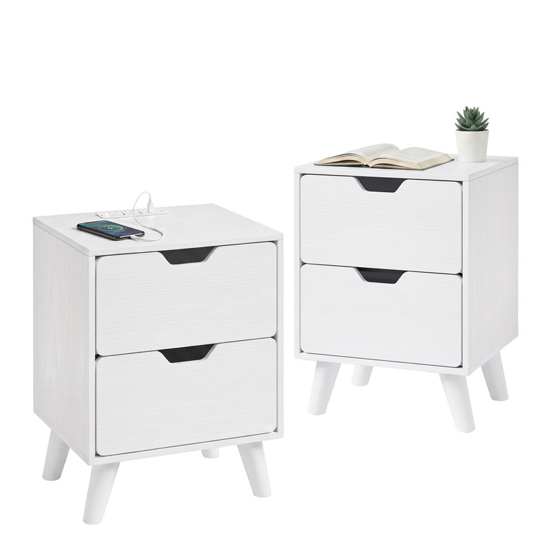 Table de chevet à 2 tiroirs avec borne de recharge (paquet de deux), Blanc, Ensemble de 2