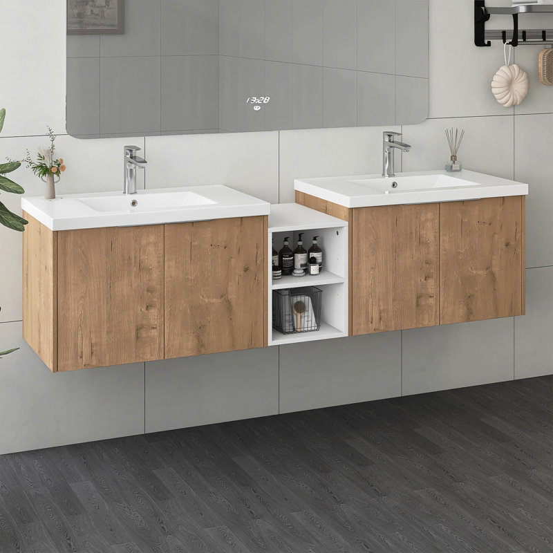 Meuble-lavabo mural 72 po avec lavabo en céramique, Chêne