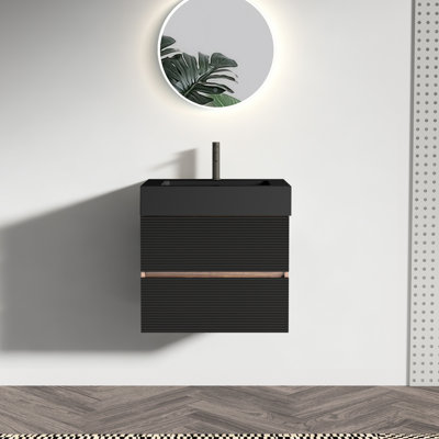 Meuble-lavabo de salle de bain 24 po avec épissure de couleur noyer, panneau de grille noir, tiroirs doubles, matériau à base d'eau de qualité E0, lavabo mural moderne à fermeture douce silencieuse, poignée dissimulée, système,