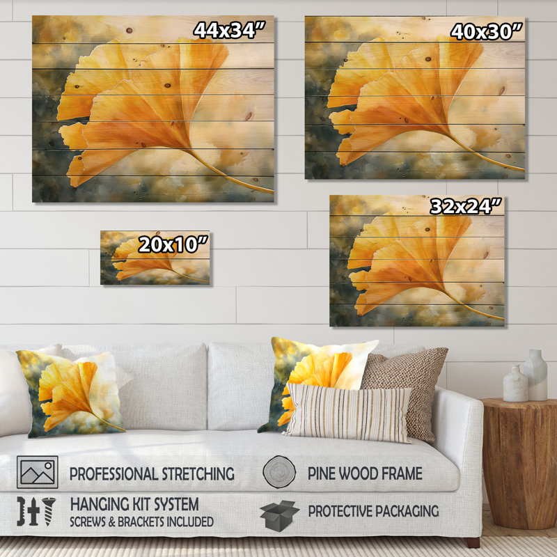 Golden Ginkgo Leaf I - feuilles, décoration murale en bois - sur bois de pin naturel, H 24 po x l 32 po