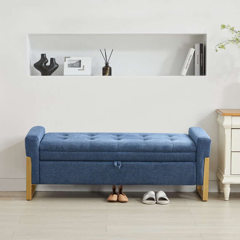 57'' Wide Tufted Rectangle Storage Ottoman, Dark Blue Linen