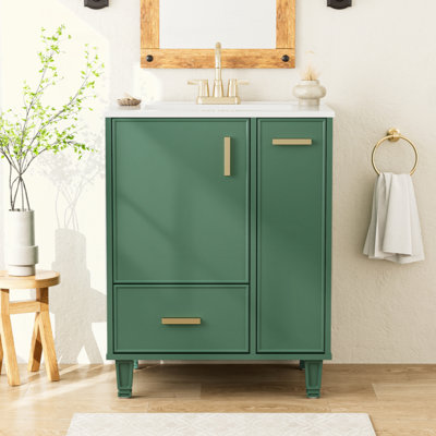 24" Bathroom Vanity With Sink, Bathroom Cabinet With Door Shelf, Deep Drawer, 2-Tier Pull-Out Basket, Solid Wood Frame And MDF Board, One Package