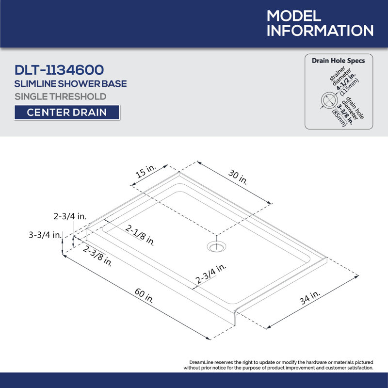DreamLine SlimLine 34 inch D x 60 inch W x 2 3/4 inch H Center Drain Single Threshold Shower Base in Slate Gray, Center