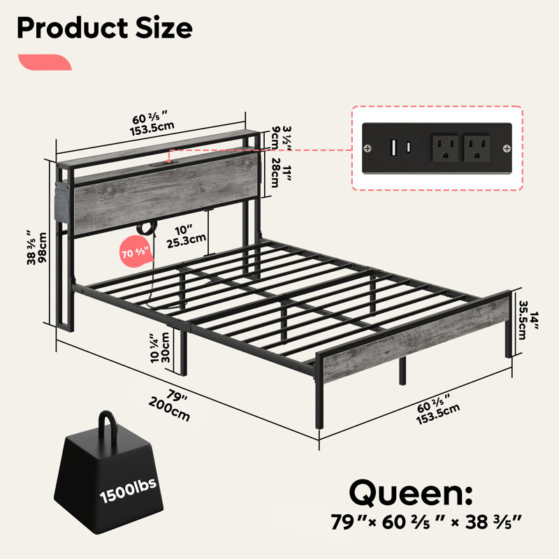 Annice Bed Frame with LED Light and Charging Station,Metal Platform with Power Outlets,Noiseless,No Spring Box Needed, Queen