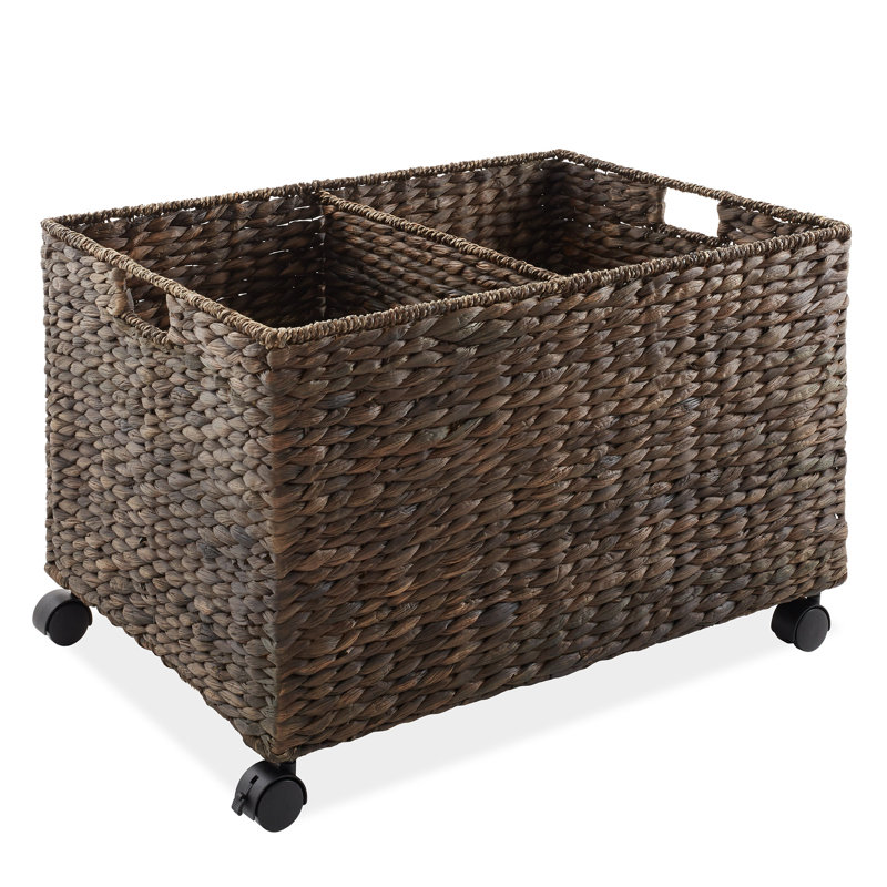 Casafield Water Hyacinth 2-Section Rolling Storage Basket with Lid, Dark Brown