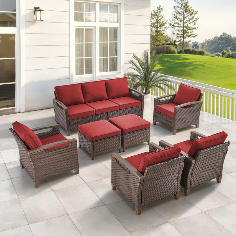 Arundel 7-9 Person Outdoor Courtyard Wicker Family Conversation Set Group With 4 Armchairs, Red