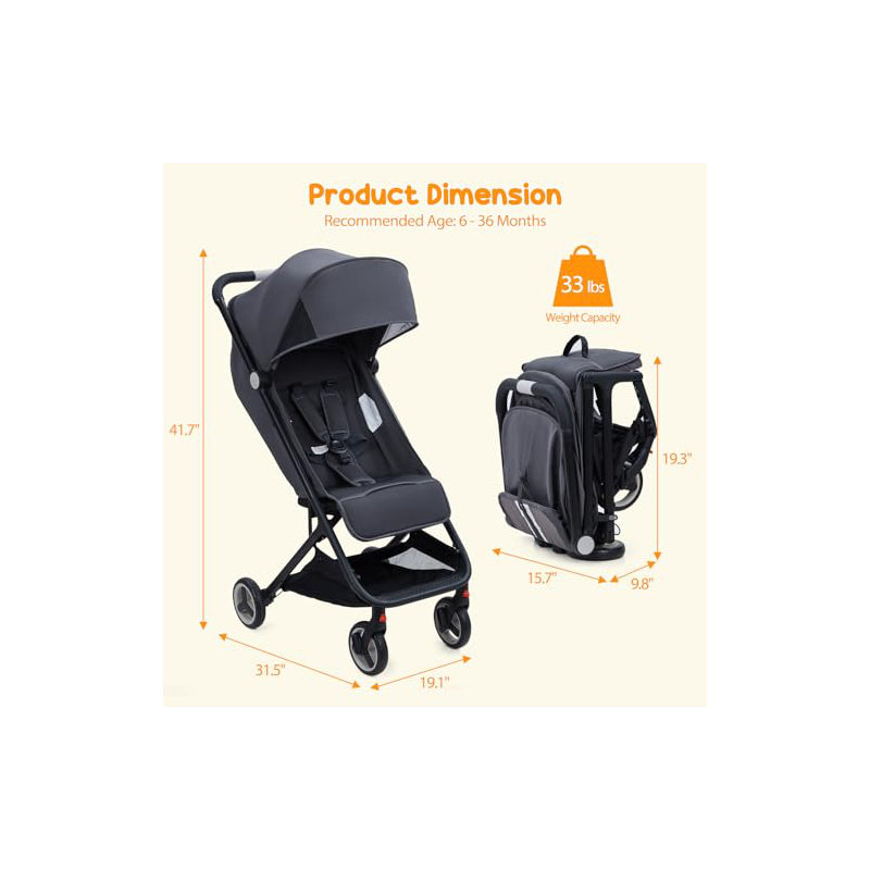 Lightweight Stroller, Compact One Hand Fold Travel Stroller for Airplane Friendly, Reclining Seat and Canopy, Smooth Suspension
