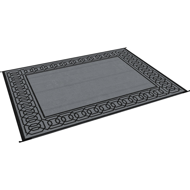 Tapis de plage Deck Beach, extérieur en plastique imperméable 9 pi x 12 pi, réversible, bordure noire et grise, pour cour arrière, pique-nique, tapis d'extérieur de camping