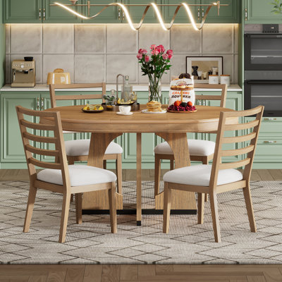5-Piece Retro Rustic Functional Dining Set Unique Geometric Design, 1 Extendable Table With A 16-Inch Leaf And 4 Upholstered Chairs Ideal For Dining R -  Lark Manor™, 75AE1837656944A58D1936EEB2313411