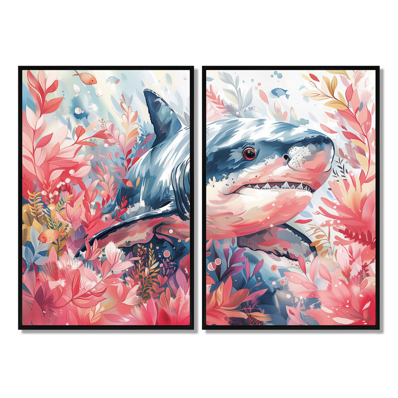 Pink Grey Hunting Shark Watercolor II - Pink Modern Wall Art 2 Pieces, Floater Framed Print, Black, 36" H x 48" W