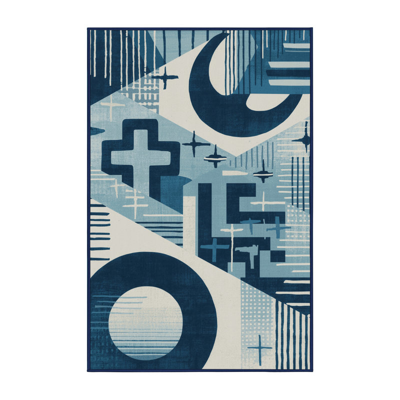 Tapis bleu à motif de blocs d'inspiration mondiale lavable à la machine Peoro, 6 X 9